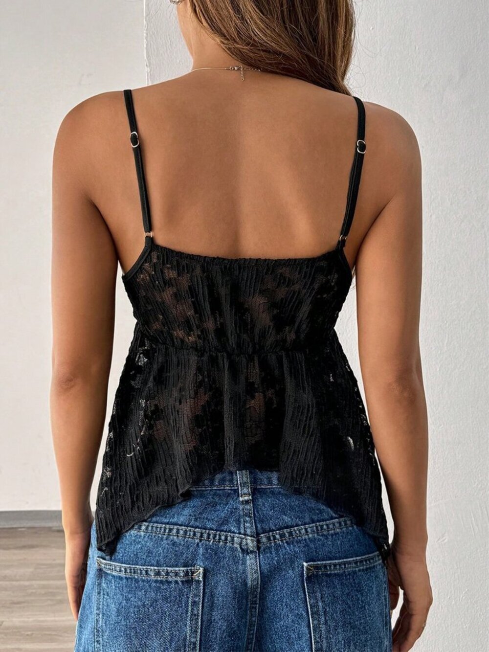 Black Sexy Women's Lace Camisole With Asymmetrical Hemline - Picture 2 of 7